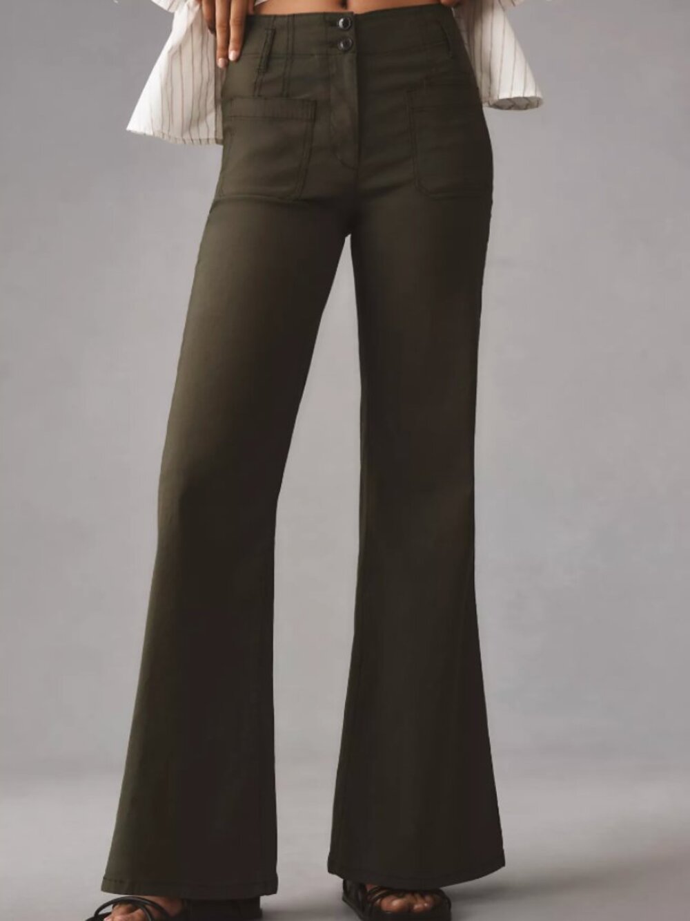 Anthropologie Maeve Junie High-Rise Wide-Leg Flared Trousers Green | Size 30P